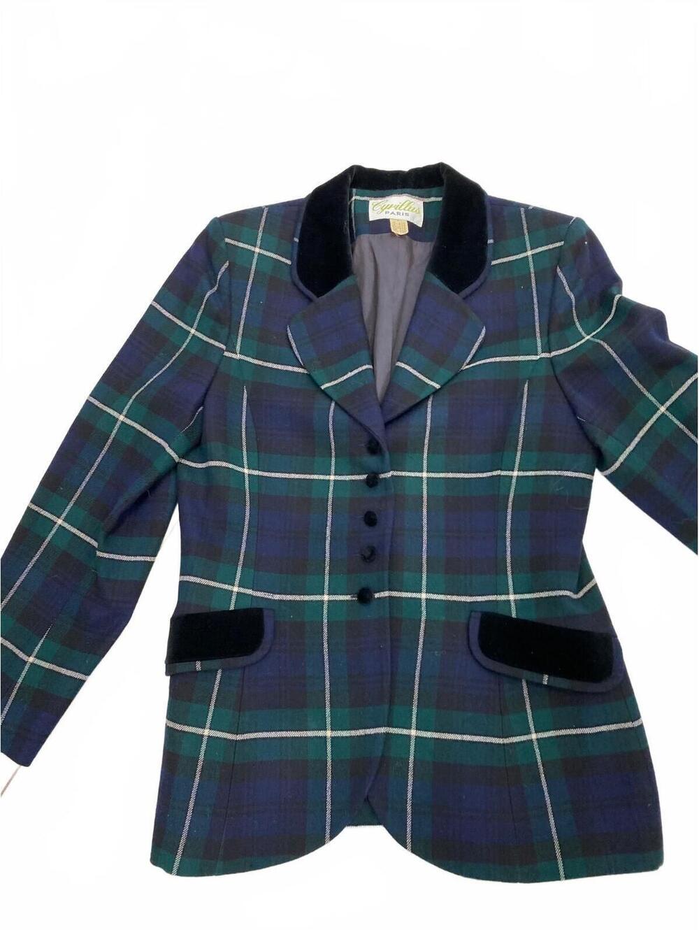 Vintage Cyrillus Paris womens wool green tartan blazer with velvet buttons